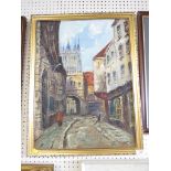 FRAMED OIL ON BOARD STREET SCENE WITH CATHEDRAL, SIGNED LOWER RIGHT