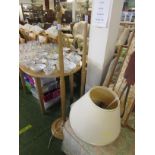 Pair of lightwood standard lamps with beige fabric shades (BOTH NEED PLUGS)