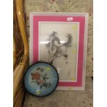 FRAMED AND GLAZED ORIENTAL PRINT OF HORSE, AND A FRAMED AND GLAZED ORIENTAL STYLE RELIEF OF