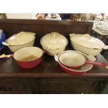 CAST IRON ENAMELLED COOKWARE INC. AGA LIDDED CASSEROLE DISHES AND LE CREUSET SHALLOW DISH. AS