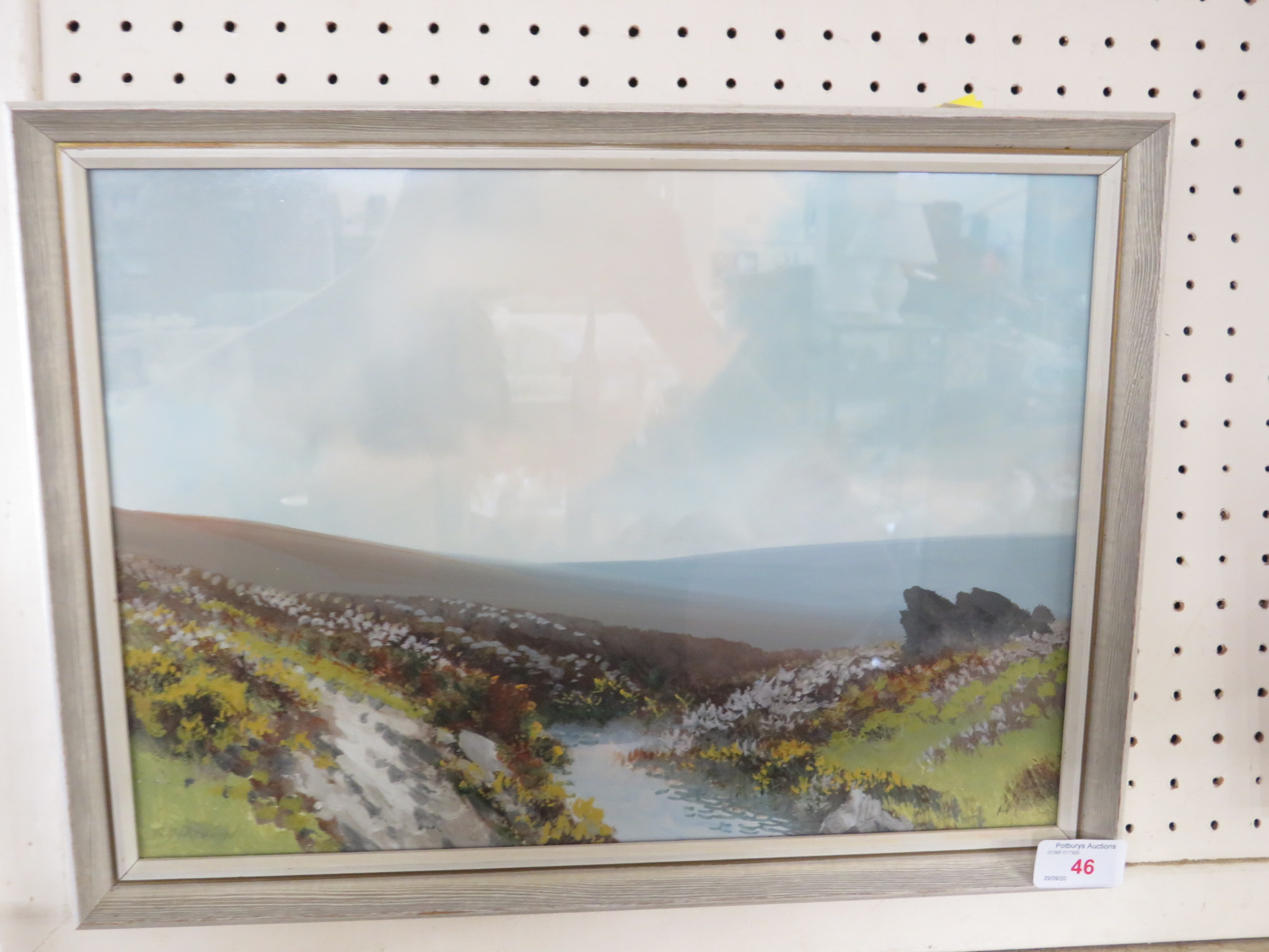 GOUACHE MOORLAND SCENE WITH STREAM, SIGNED R.D.SHERRIN, FRAMED AND GLAZED