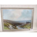 GOUACHE MOORLAND SCENE WITH STREAM, SIGNED R.D.SHERRIN, FRAMED AND GLAZED