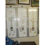 THREE CHINOISERIE WALL PANELS WITH MOTHER OF PEARL AND APPLIED RESIN DECORATION OF FLOWERS IN VASES