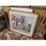 Framed print of labrador, with framed coloured print of farm buildings