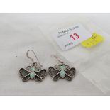 PAIR OF 925 WHITE METAL FILLIGREE EARRINGS SHAPED AS BUTTERFLIES AND SET WITH SMALL OPALS