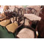 Five assorted mahogany framed armchairs and side chairs with carved detailing inlaid boxwood