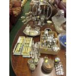 Assorted silver plated and stainless cutlery, fireside companion set, candlesticks and other
