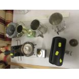 GRANITE PESTLE AND MORTAR, PEWTER TANKARDS AND OTHER METALWARE