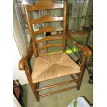 RUSH SEAT WOODEN FRAMED LADDER BACK ARMCHAIR