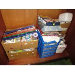 LARGE QUANTITY OF CRAFT MATERIALS INCLUDING FOILS, PAPER, RIBBON, DIE SETS, NEST OF DRAWERS WITH