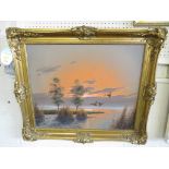OIL ON CANVAS LAKE SCENE AT SUNSET WITH FLYING DUCKS, SIGNED G BROUWER, FRAMED