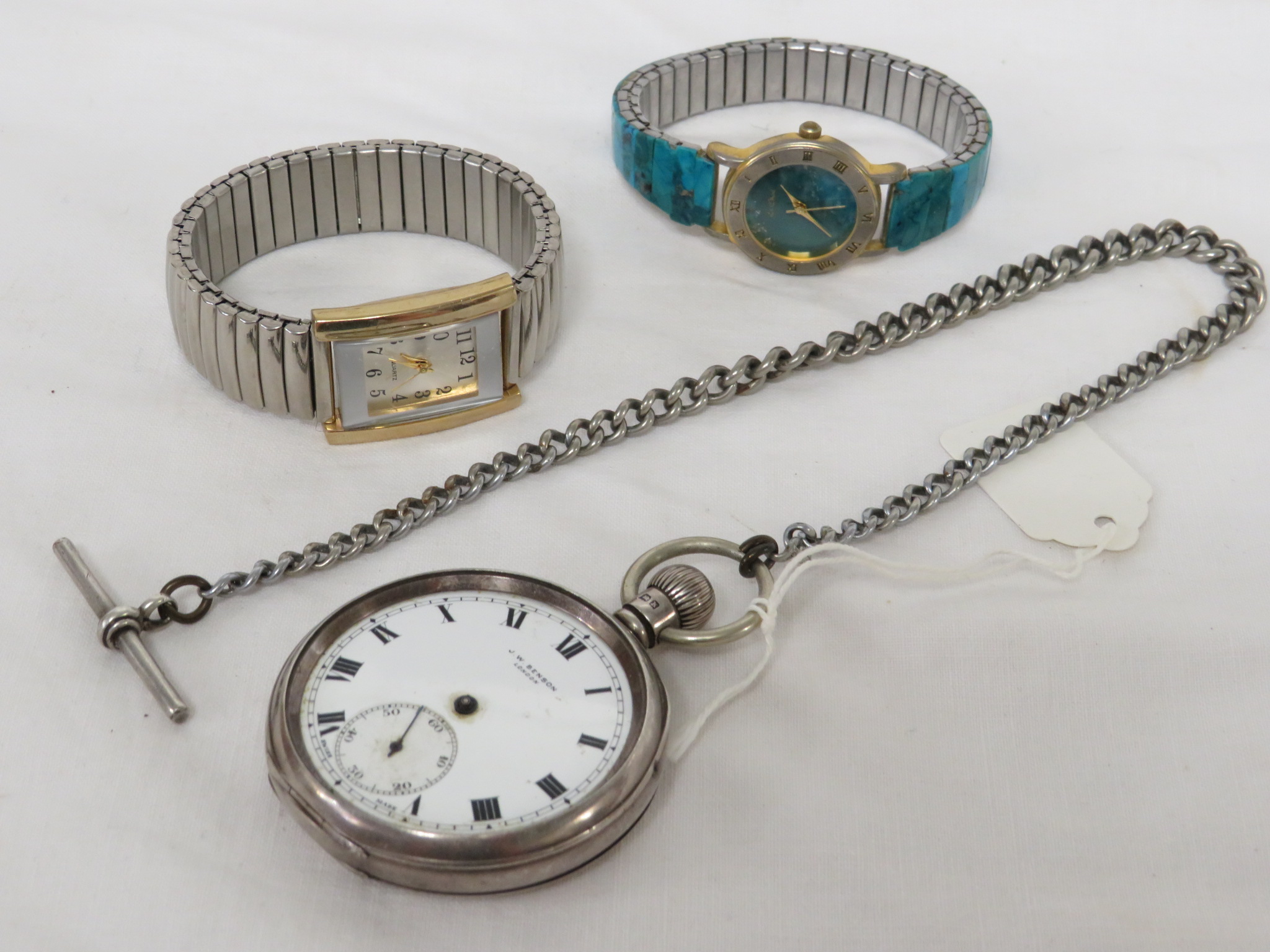 J W BENSON SILVER OPEN FACE POCKET WATCH (A/F) WITH A SILVER WATCH CHAIN, TOGETHER WITH A LE CHAT