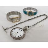 J W BENSON SILVER OPEN FACE POCKET WATCH (A/F) WITH A SILVER WATCH CHAIN, TOGETHER WITH A LE CHAT