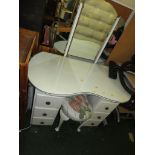 KIDNEY SHAPED PAINTED DRESSING TABLE WITH THREE PART MIRROR AND STOOL