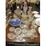 Cut glass basket, vases, with other cut and moulded glass.