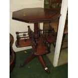 EDWARDIAN MAHOGANY BOOK STAND WITH HEXAGONAL TOP WITH EBONY INLAY AND A GALLERIED LOWER TIER AND