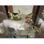 BESWICK PIG, ROYAL DOULTON BEAGLE, AND THREE BESWICK GARDEN BIRDS. ALL AS FOUND