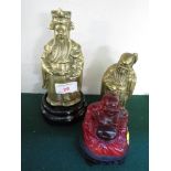 TWO CAST BRASS ORIENTAL FIGURES OF DIGNITARIES, WITH A RESIN FIGURE OF BUDDHA AND A CIRCULAR