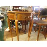 Reproduction mahogany veneered and inlaid demi lune side table with single drawer.