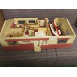 VINTAGE PAINTED WOODEN DOLL'S BUNGALOW WITH CONTENTS OF ASSORTED WOODEN AND PLASTIC FURNITURE. AS