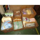 SIX BOXES OF ASSORTED KNITTING WOOL AND YARN AND A BOX OF KNITTING NEEDLES