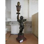 CAST BRONZE TABLE LAMP FORMED AS A CHERUB WITH TORCH, ON RED MARBLE PLINTH (NEEDS RE-WIRING)