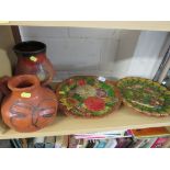 TWO DECORATIVE POTTERY WALL PLATES, POTTERY VASE AND TERRACOTTA JUG