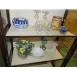 POTTERY CHARACTER TANKARD, GLASSWARE AND DECORATIVE ITEMS (TWO SHELVES)