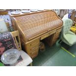 LARGE LIGHT BEECH DESK WITH TAMBOUR FRONT, COMPARTMENTED INTERIOR AND EIGHT DRAWERS TO BASE (TWO