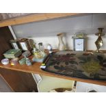 THREE QUARTZ MANTLE CLOCKS, DECORATIVE JARS AND BOTTLES ETC (ONE SHELF)