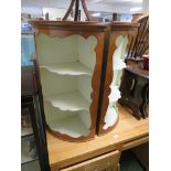 PAIR OF YEW VENEERED CORNER WALL MOUNTING OPEN DISPLAY SHELVES