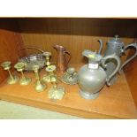PEWTER COFFEE POT AND EWER AND OTHER BRASS AND METALWARE INCLUDING CANDLESTICKS AND FRUIT BASKET