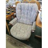 MID WOOD FRAMED ARMCHAIR WITH FOLIATE CUSHIONS