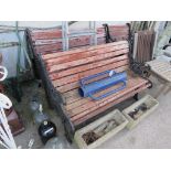 PAIR OF CAST METAL GARDEN BENCHES WITH WOODEN SLATS TOGETHER WITH A MATCHED ARMCHAIR