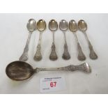 SIX 830S WHITE METAL TEASPOONS WITH ENGRAVED TERMINALS, AND A SUGAR SPOON (COMBINED 3.4 OZT)
