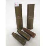 PAIR OF BRASS TRENCH ART SHELL CASE VASES AND THREE OTHER SHELL CASES