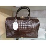 RUSSELL AND BROMLEY BLACK LEATHER CROCODILE SKIN EFFECT LADIES DOC TOTE / HANDBAG, WITH PROTECTIVE