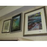 FRAMED PASTEL OF JETTY AND HARBOUR SIGNED GALDEN, FRAMED PHOTOGRAPH OF CORNISH COAST AND A FRAMED