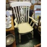 LARGE WOODEN CARVER ARMCHAIR PAINTED CREAM