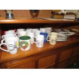 ONE SHELF OF CHINA HOMEWARE INCLUDING MUGS AND DISHES