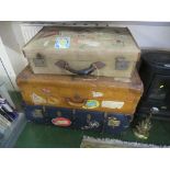 THREE VINTAGE TRAVEL CASES WITH TRAVEL LABELS (A/F)