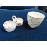 CONTINENTAL PORCELAIN SALT DECORATED WITH BIRDS, AND A TEACUP DECORATED WITH CORNFLOWERS, BOTH