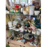 THREE SHELVES OF DECORATIVE CHINA AND HOMEWARE