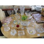 ASSORTED GLASSWARE INCLUDING VASES, BOWLS, MODERN SHIP IN BOTTLE ETC