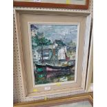 FRAMED IMPASTO OIL ON BOARD OF HARBOUR SCENE WITH HOUSES AND BOATS, INDISTINCTLY SIGNED LOWER