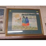 FRAMED AND GLAZED WATERCOLOUR OF FIGURES IN PONCHOS BY BRIVERSIDE, SIGNED MHIRE BARRIENTOS LOWER