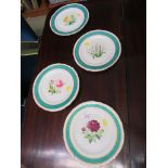 FOUR PORCELAIN PLATES HAND PAINTED WITH FLOWERS (A/F)