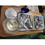 TWO TRAYS OF MIXED SILVER PLATED AND STAINLESS STEEL CUTLERY, AND OTHER METALWARE