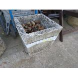 COMPOSITE STONE SQUARE GARDEN PLANTER WITH CONTENTS OF FIR CONES ETC