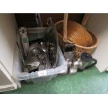 STAINLESS STEEL KITCHEN WARE AND TWO WICKER BASKETS